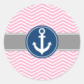 Pink Nautical Anchor Chevron Classic Round Sticker