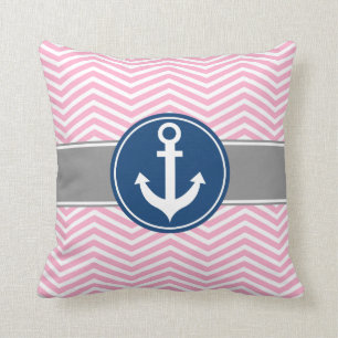 Pink Nautical Anchor Chevron Throw Pillow