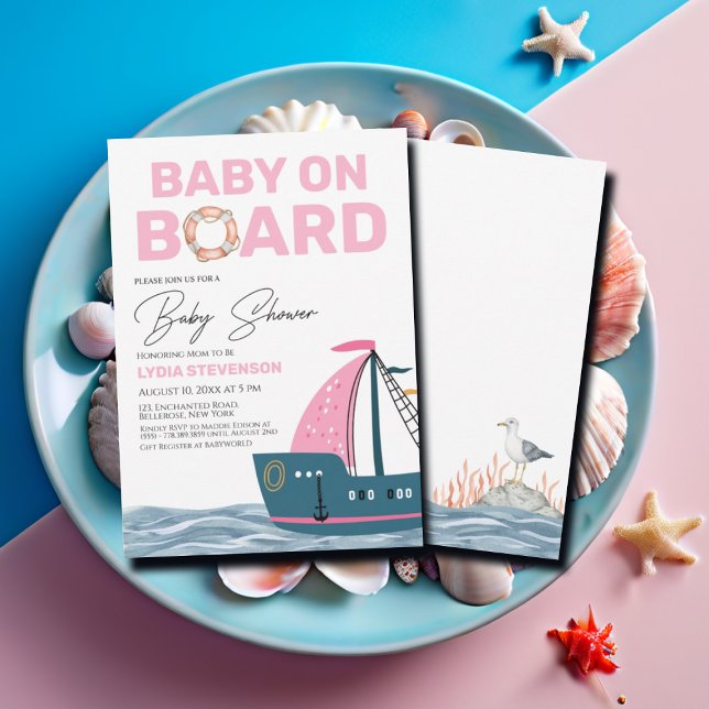Pink Nautical Baby on Board Baby Shower Invitation (Creator Uploaded)