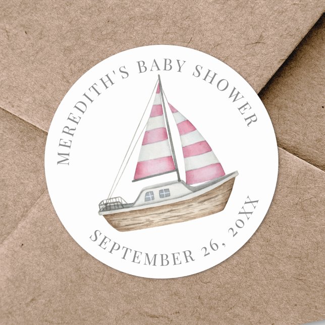 Pink Nautical Baby Shower Classic Round Sticker (Pink Nautical Baby Shower Classic Round Sticker)