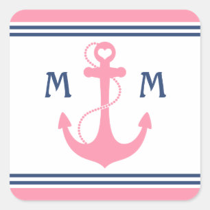 Pink Nautical Heart Anchor Square Sticker