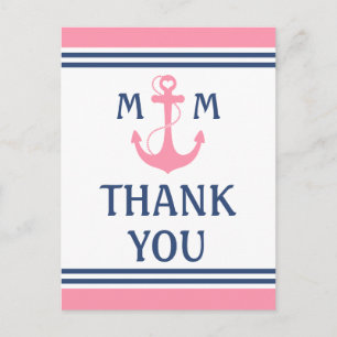 Pink Nautical Heart Anchor Thank You Postcard