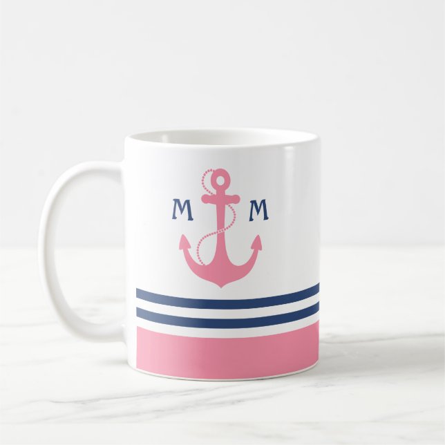 Pink Nautical Monogram Coffee Mug (Left)