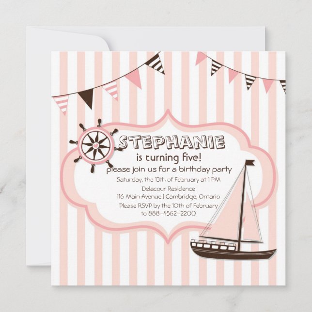 Pink Nautical Party Banner Birthday Invitation (Front)