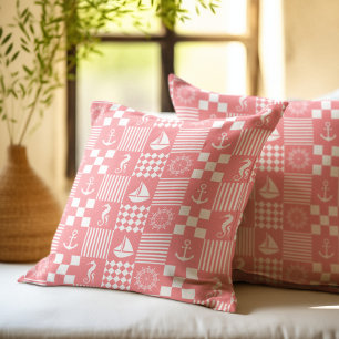 Pink Nautical Patchwork Pattern Throw Pillow