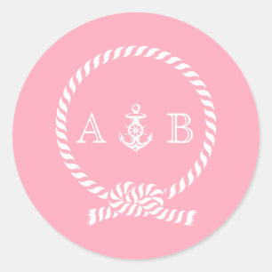 Pink Nautical Rope and Anchor Monogram Classic Round Sticker