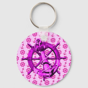 Pink Nautical Ships Wheel And Anchor Keychain