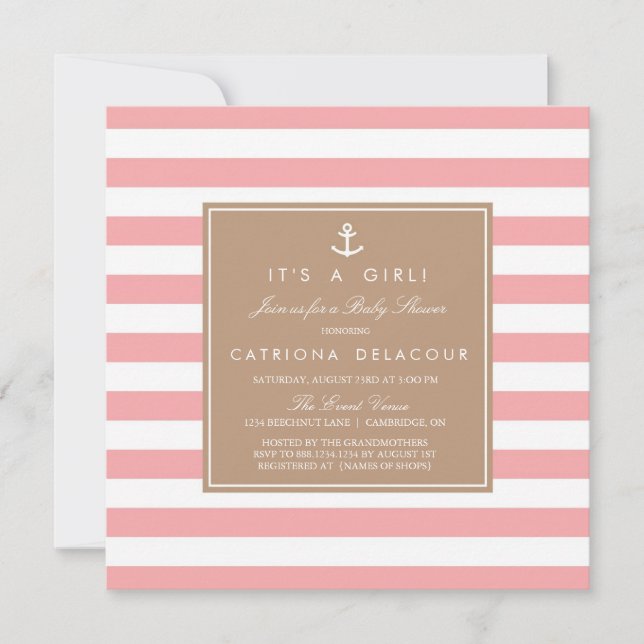 Pink Nautical Stripes Baby Shower Invitation (Front)