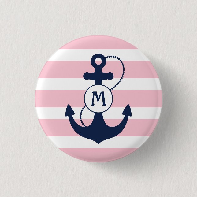Pink Nautical Stripes with Anchor Monogram 1 Inch Round Button (Front)