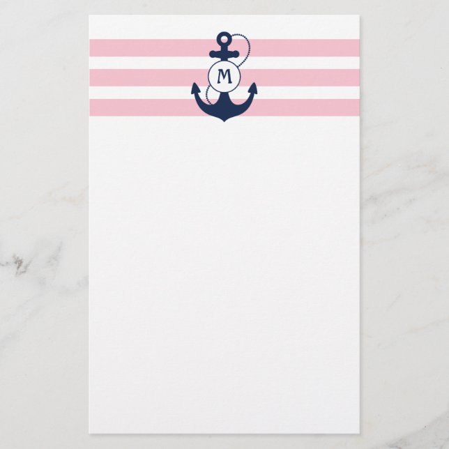 Pink Nautical Stripes with Anchor Monogram Stationery (Front)