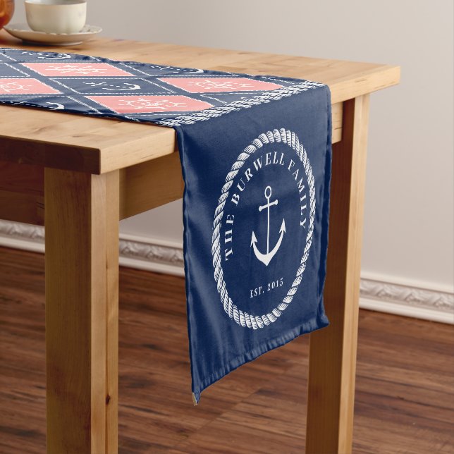 Pink Navy Anchor Ship's Wheel Pattern Add Name Short Table Runner (In Situ)