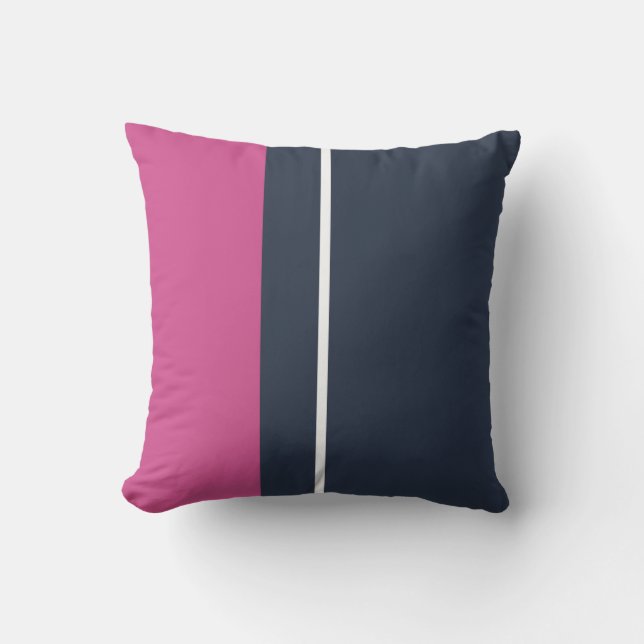 Pink Navy and White Striped Modern Outdoor Pillow (Front)
