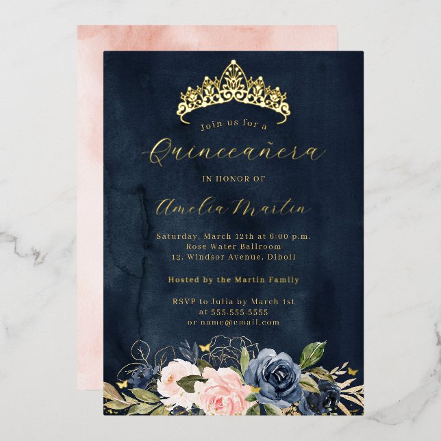 Pink Navy Blooming Floral Butterfly Quinceanera (Front/Back)
