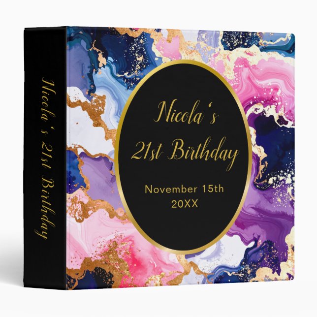 Pink, Navy Blue and Gold Ink Birthday Party Binder (Front/Spine)