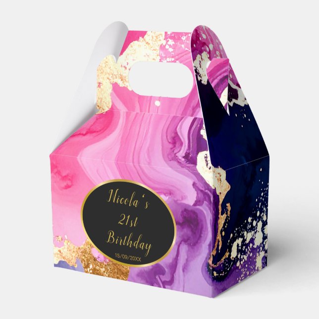 Pink, Navy Blue and Gold Ink Birthday Party Favor Box (Front Side)