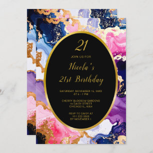 Pink, Navy Blue and Gold Ink Birthday Party Invitation