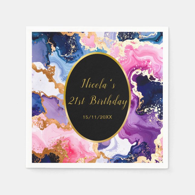 Pink, Navy Blue and Gold Ink Birthday Party Napkin (Front)
