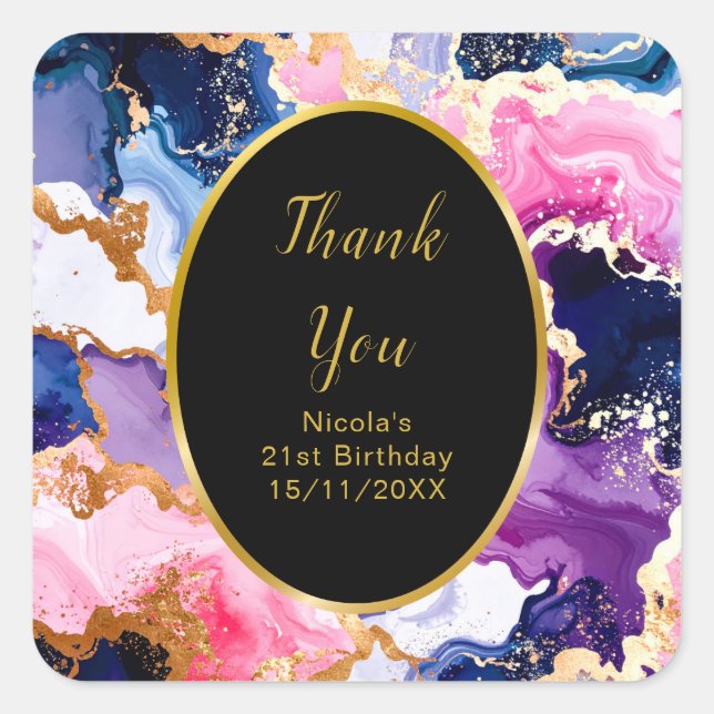 Pink, Navy Blue and Gold Ink Birthday Party Square Sticker (Front)