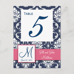 Pink Navy Blue Damask Wedding Table Number Postcard
