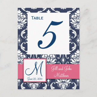 Pink Navy Blue Damask Wedding Table Number Postcard