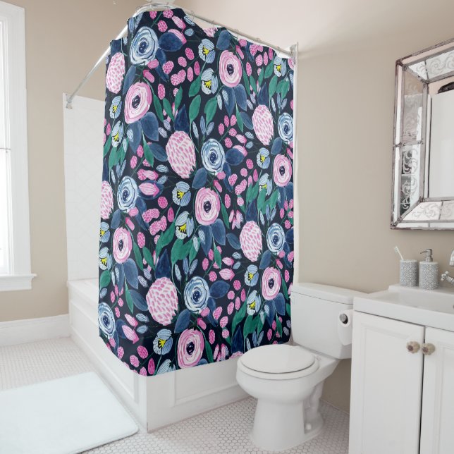 Pink Navy Blue Floral Bouquet Watercolor Pattern (In Situ)