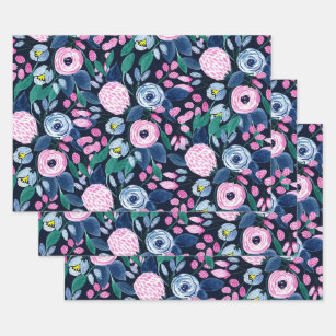 Pink Navy Blue Floral Bouquet Watercolor Pattern Wrapping Paper Sheet