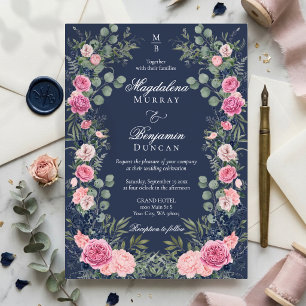 Pink Navy Blue Floral Eucalyptus Greenery Wedding