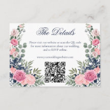 Pink Navy Blue Floral Greenery Wedding Website QR