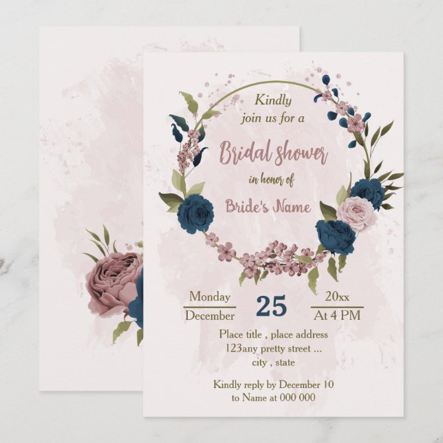 pink navy blue flowers botanical bridal shower invitation (Front/Back)