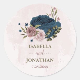 pink navy blue flowers botanical wedding classic round sticker