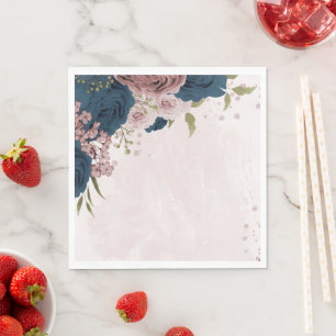 pink navy blue flowers botanical wedding napkin