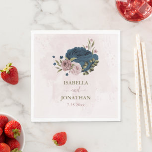 pink navy blue flowers botanical wedding napkin