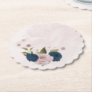 pink navy blue flowers botanical wedding paper coaster
