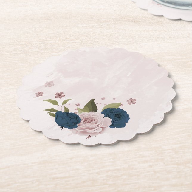 pink navy blue flowers botanical wedding paper coaster (Angled)
