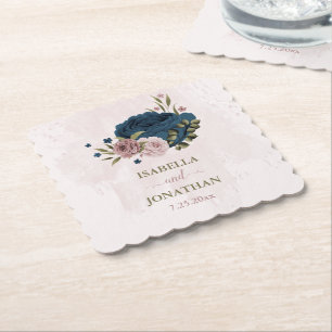 pink navy blue flowers botanical wedding paper coaster