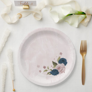 pink navy blue flowers botanical wedding paper plate