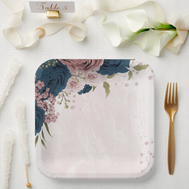 pink navy blue flowers botanical wedding paper plate (Wedding)