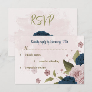 pink navy blue flowers botanical wedding RSVP card