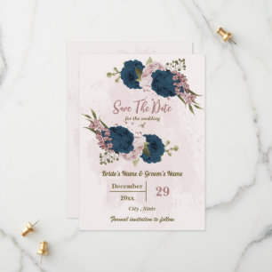 pink &navy blue flowers botanical wedding save the date