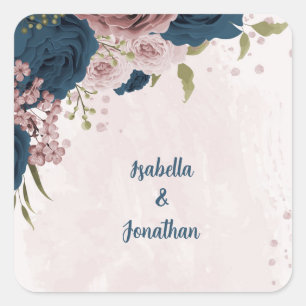 pink navy blue flowers botanical wedding square sticker