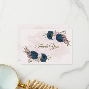 pink navy blue flowers botanical wedding thank you card