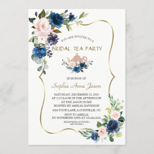 Pink Navy Blue Flowers Gold Bridal Tea Party Invitation