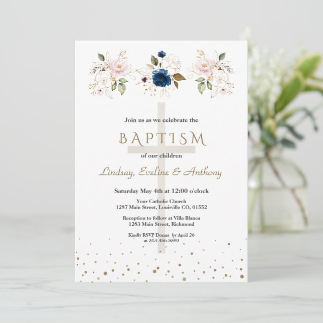 Pink Navy Blue Flowers Gold Triplets Baptism   Invitation (Standing Front)