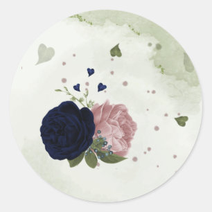 pink & navy blue flowers greenery classic round sticker
