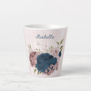 pink navy blue flowers latte mug