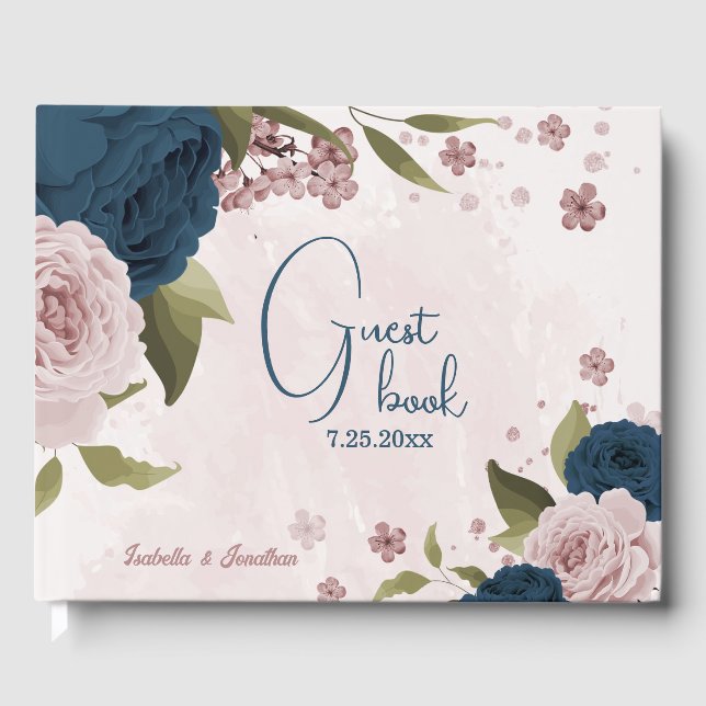 pink navy blue flowers wedding  guest book (Front)