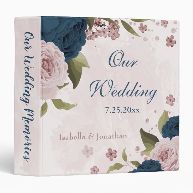 pink navy blue flowers wedding photo album binder (Front/Spine)