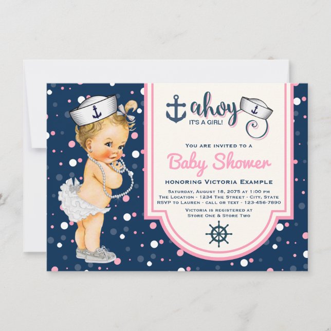 Pink Navy Blue Girl Nautical Baby Shower Invitation (Front)