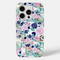 Pink Navy Blue Gold Watercolor Flowers Pattern