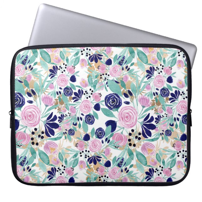 Pink Navy Blue Gold Watercolor Flowers Pattern Laptop Sleeve (Front)